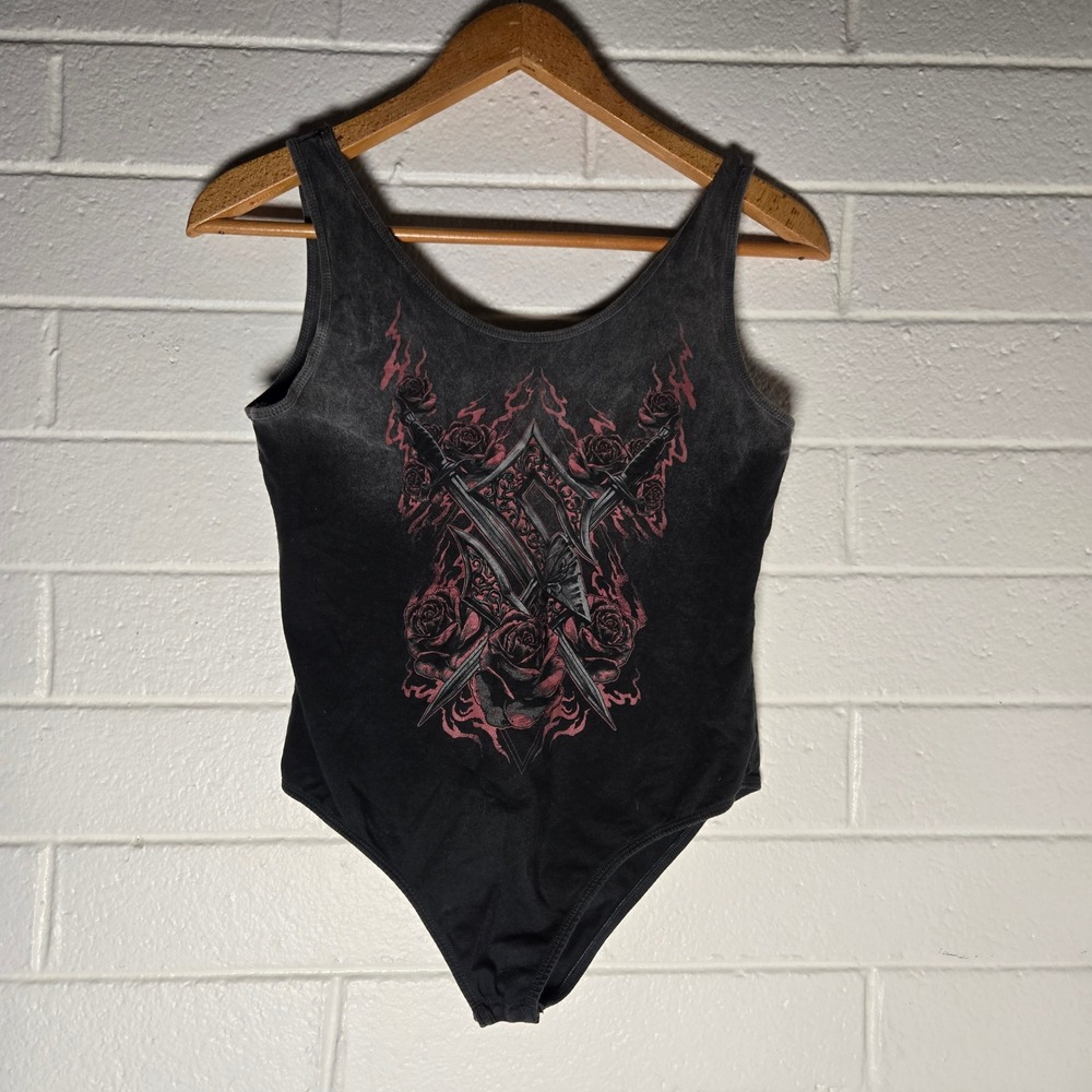 Sabaton Womens Bodysuit Tank Top Black Acid Wash Daggers Roses Large Band Merch